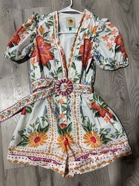 FARM Rio White Multicolor Floral Embroidered Romper